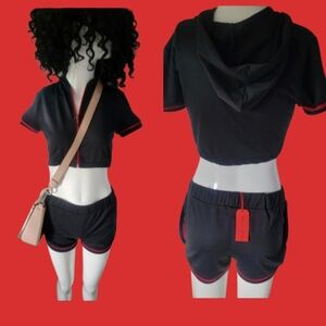 New AWESOME CONCEPT Womens Larg Black Cropped Hoodie and Shorts Set